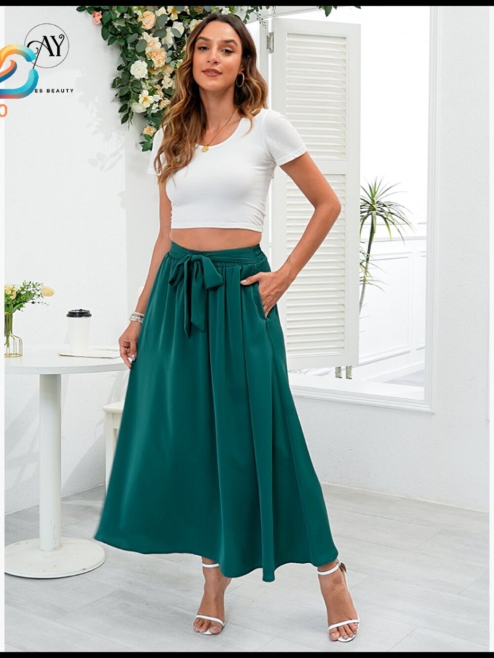 Maxi Skirt with Pockets, Elastic Waist, Tie Knot, Chiffon, Boho Style - Picture 6 of 6